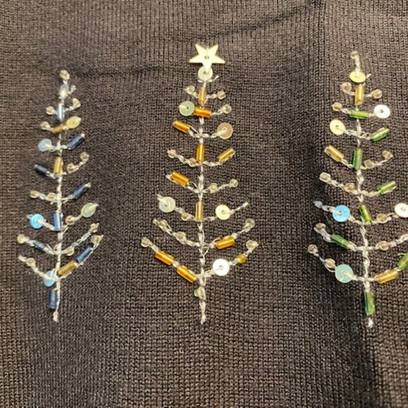 New Holiday Editions BLACK lightweight SWEATER 3 SEQUIN & BEAD Christmas Trees S - Picture 3 of 6